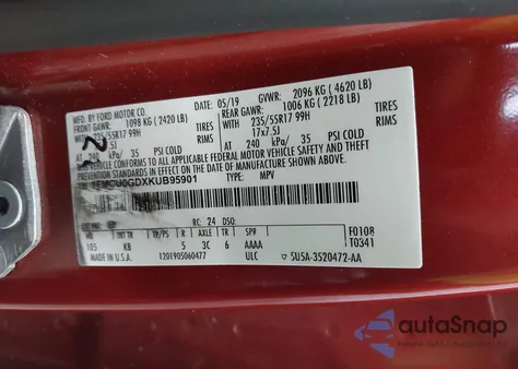 2019 Ford Escape Se z USA, uszkodzony, nr VIN 1FMCU0GDXKUB95901